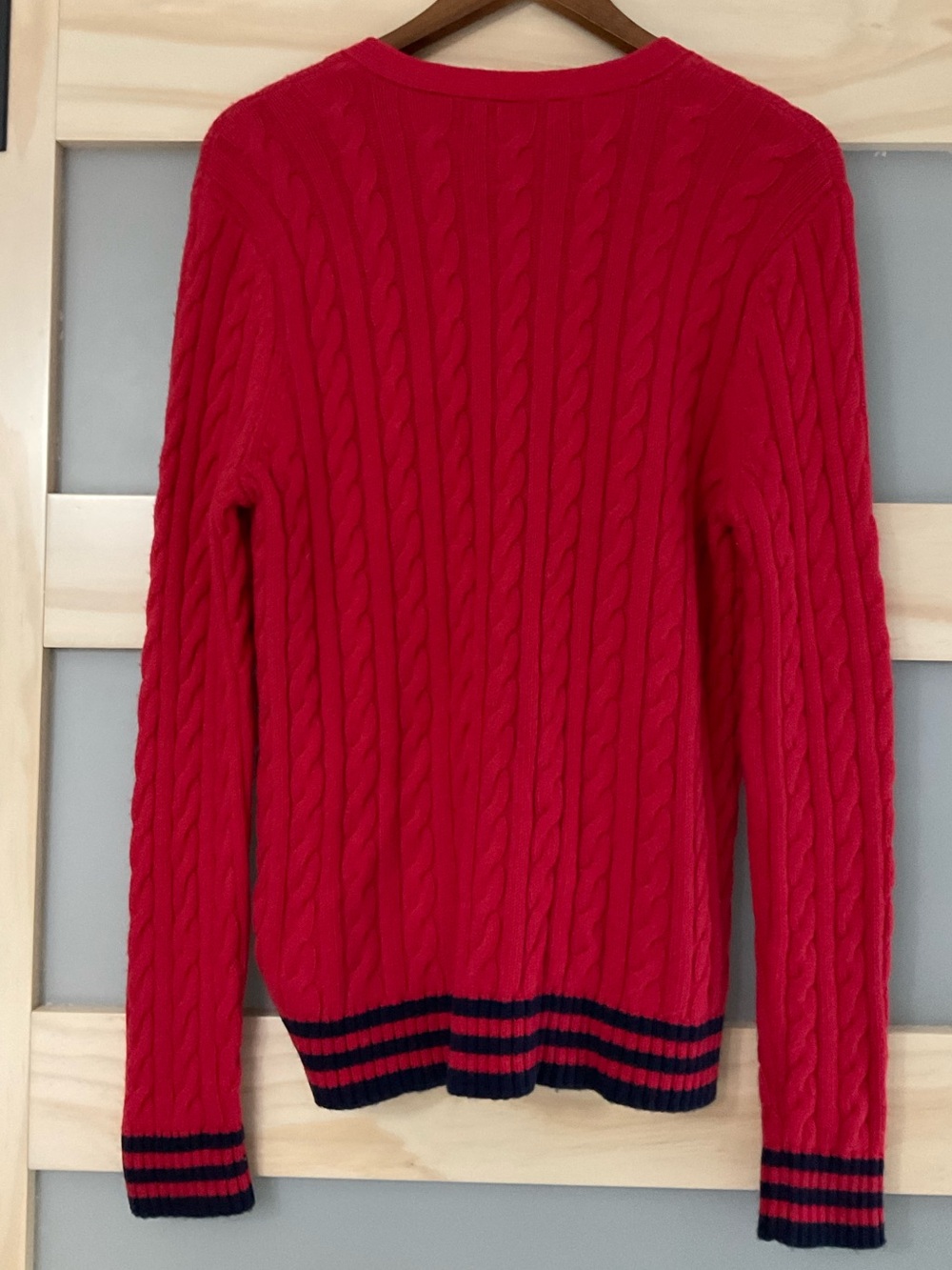 Lauren Ralph Lauren Cable Knit Cardigan Sweater Large Red Wool Blend Preppy - Picture 2 of 4